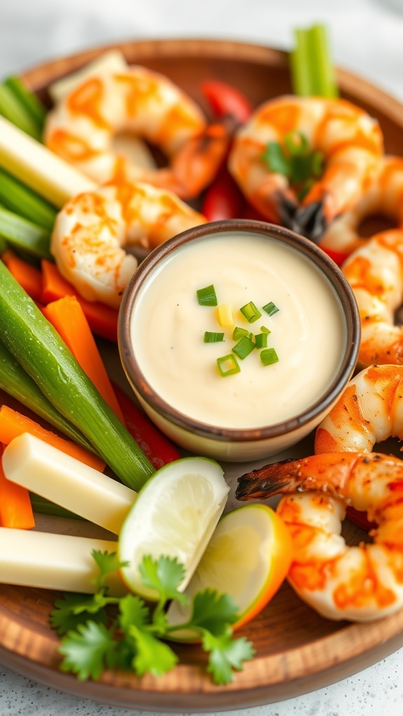 Lemongrass Aioli Recipe A bowl of lemongrass aioli garnished with lemongrass, served with vegetables and shrimp.